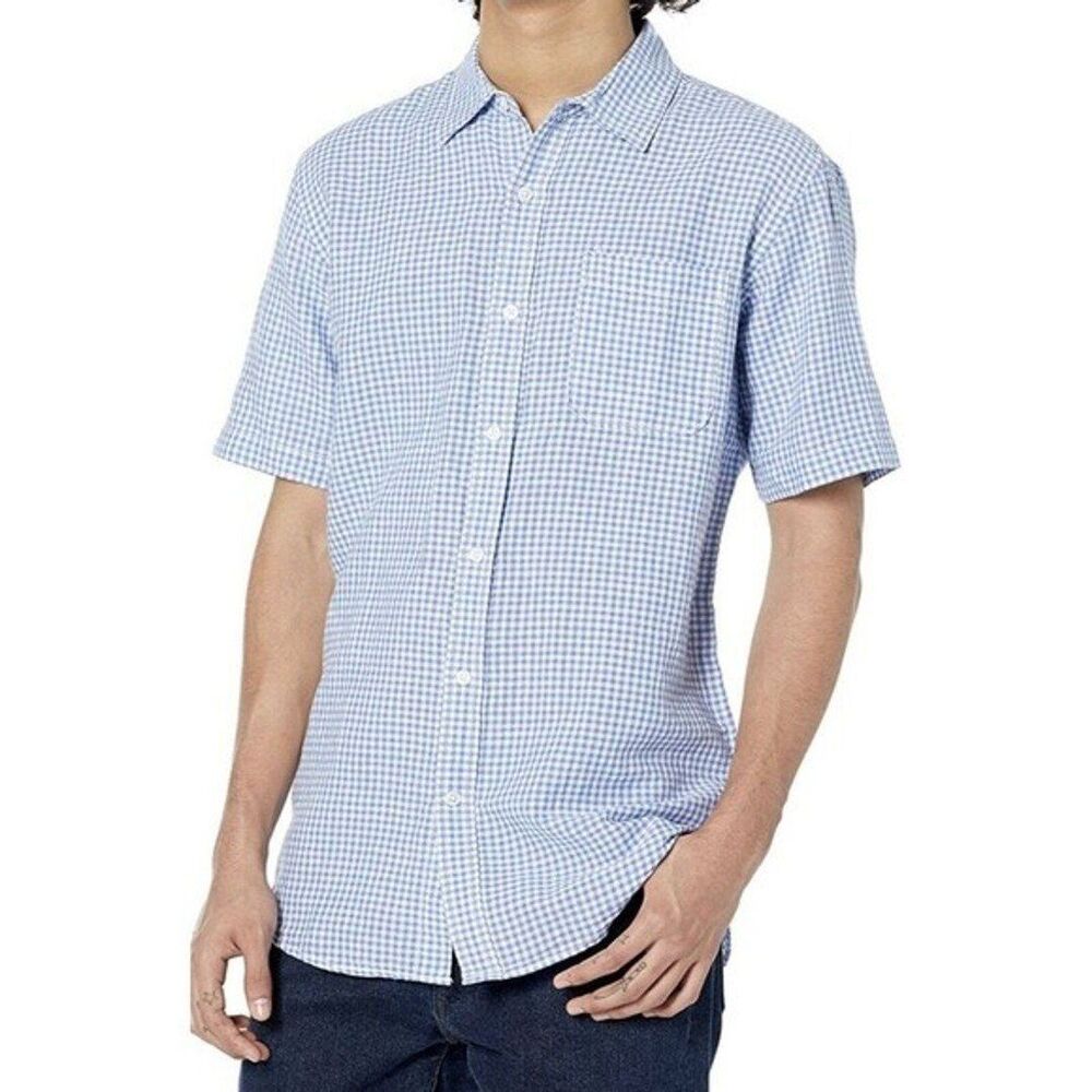 New Mens Linen Shirt Blue Plaid Small Short Sleeve Slim Casual Shirt